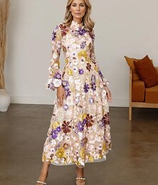זול -גזרת A שמלה לאם הכלה  רשמי אורחת חתונה אלגנטית צווארון גבוה באורך הקרסול טול שרוול ארוך עם ריקמה פרח 2024