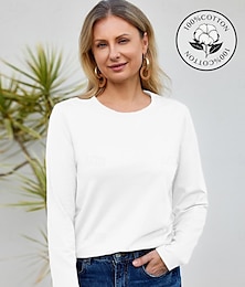 cheap -100% Cotton Women's T Shirt White Basic Long Sleeve Tee Casual Tops Round Neck Regular