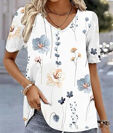 preiswerte -Damen T Shirt Blumen Bedruckt Festtage Wochenende Basic Kurzarm V Ausschnitt Weiß