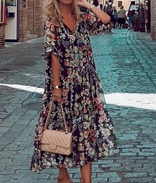 ieftine -rochie casual dama imprimeu floral rochie midi cu decolteu in V vacanta jumatate maneca vara