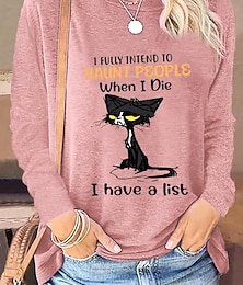cheap -Women's T shirt Tee Cat Letter Daily Weekend Print Pink Long Sleeve Fashion Round Neck Spring &  Fall