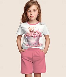 ieftine -Fete 3D Floral Urs Seturi de pijamale tricou și pantaloni scurți Roz Manșon scurt Tipărire 3D Vară Activ Modă Drăguţ Poliester Copii 3-12 ani Stil Nautic Casă Casual Interior Fit regulat