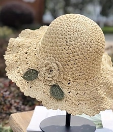 olcso -1pcs Trendy Flower Crochet Straw Hat Elegant Solid Color Ruffle Sun Hats Classic Foldable Summer Travel Beach Hats For Women Girls