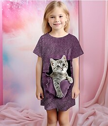 voordelige -Voor meisjes 3D Kat Pyjama  Nachtjapon Korte mouw 3D-afdrukken Zomer Actief Modieus leuke Style Polyester Kinderen 3-12 jaar Strakke ronde hals Huis Causaal Voor Binnen Normale pasvorm