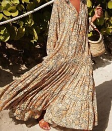 cheap -Women's Casual Dress Ruffle Print Split Neck Long Dress Maxi Dress Bohemia Vacation Summer