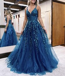 abordables -Robe de Bal Robe A-Ligne Robes de Bal Robe Étincelante et Brillante Fête de Mariage Longueur de Sol Sans Manches Encolure en V Tulle Sans Dos avec Appliqués en Paillettes