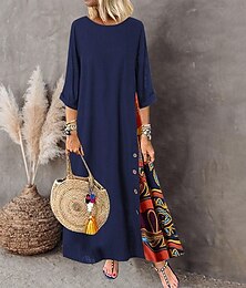 cheap -Women's Casual Dress Cotton Linen Dress Swing Dress Maxi long Dress Cotton Blend Bohemia Fashion Outdoor Daily Going out Crew Neck Print Long Sleeve Summer Spring Fall 2023 Loose Fit Black Yellow Wine