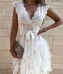 economico -Per donna Abito da sposa in pizzo bianco Abiti Boho Chic Abito da ospite di nozze Boho Mini abito Multistrato con manica Matrimonio Appuntamento Da mare Linea A A V Senza maniche Nero Bianco Rosa