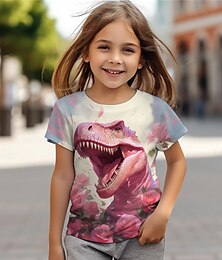 olcso -Lány 3D Virágos Dinoszaurus Póló Ingek Rózsaszín Rövid ujjú 3D nyomtatás Nyár Aktív Divat aranyos stílus Poliészter Gyerekek 3-12 év Terített nyak Szabadtéri Hétköznapi Napi Normál