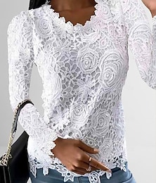 cheap -Women's Shirt Blouse White Eyelet Tops Black White Pink Plain Lace Long Sleeve Work Streetwear Casual Round Neck Regular Floral S