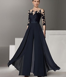 cheap -Jumpsuit / Pantsuit Mother of the Bride Dress Formal Wedding Guest Elegant Party Scoop Neck Ankle Length Chiffon Lace 3/4 Length Sleeve with Appliques 2024