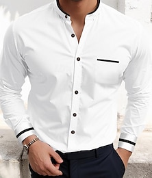 cheap -Men's Shirt Dress Shirt Button Up Shirt White Navy Blue Light Blue Gray Long Sleeve Patchwork Standing Collar Wedding Daily Front Pocket Clothing Apparel Fashion Casual Comfortable Smart Casual