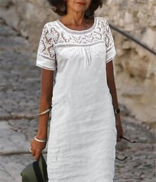 Χαμηλού Κόστους -Γυναικεία Λευκό φόρεμα Φόρεμα Καθημερινό φόρεμα Μίνι φόρεμα Μείγμα Λινό / Βαμβάκι Βασικό Μοντέρνα Καθημερινά Σαββατοκύριακο Στρογγυλή Ψηλή Λαιμόκοψη Δαντέλα Κουρελού Κοντομάνικο Καλοκαίρι Άνοιξη 2023