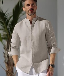 abordables -100% Lino Hombre camisa de lino Camisa Abotonar la camisa Camisa de playa Amarillo Azul Marino Verde Trébol Manga Larga Plano Escote Chino Primavera & Otoño Exterior Diario Ropa