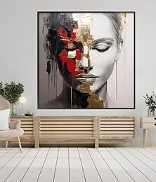 cheap -Hand Painted Woman Portrait Gold leaf Textured Painting Handmade Girl Face Abstract Oil Painting Wall Decor Living Room Office Wall Art Home Decor Stretched Frame Ready to Hang