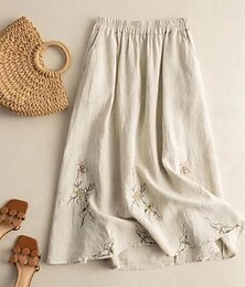 abordables -Femme Jupe Jupes en lin Mode Décontractées Maxi Taille haute Jupes Floral Brodée Casual Quotidien Fin de semaine Kaki Eté Coton et lin