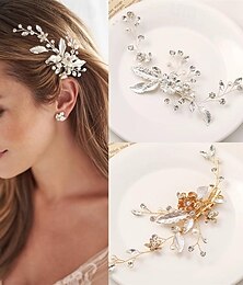 billiga -gyllene silverfärgade blomblad kristall hårnål hårklämma tiara brudbröllop håraccessoarer huvudstycke smycken prydnader