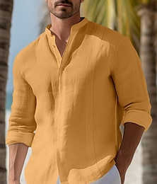 economico -100% lino Pulsante Per uomo camicia di lino Camicia con bottoni Camicia estiva Camicia da spiaggia Giallo Blu marino scuro Verde Manica lunga Liscio Colletto alla coreana Primavera & Autunno Esterno