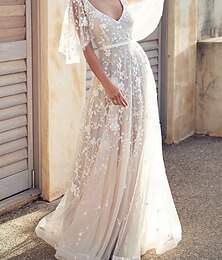 economico -abito da sposa da donna scollo a V manica corta applicazioni in pizzo floreale elegante abito da sposa lungo fino a terra bianco etereo trasparente sovrapposizione primavera estate cerimonia