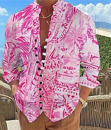 economico -Per uomo Palma Piante tropicali Camicia hawaiana Camicia Aloha Camicie stampate Manica lunga Camicia Colletto Mao Hawaiano Ricorrere Esterno Da mare Da tutti i giorni Rosa Blu Arancione S M L