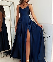 billiga -A-Line Brudgästklänningar Elegant Klänning Formell Bal Golvlängd Ärmlös Spaghetti Rim Satin med Rynkad Bandig 2025