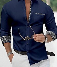 abordables -Hombre Camisa Abotonar la camisa Camisa casual Negro Blanco Azul Marino Manga Larga Floral Bloque de color Diseño Diario Vacaciones Retazos Ropa Moda Casual Casual elegante