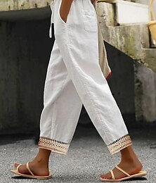 abordables -Mujer Pantalones Mezcla Lino Algodón Encaje Bolsillos laterales Plano Hasta el Tobillo Blanco Primavera, Otoño, Invierno, Verano