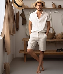 economico -40% Lino Per uomo Pantaloncini Pantaloncini di lino Pantaloncini estivi Abbottonare Tasche Liscio Traspirante Comodo Breve Giornaliero Da mare Per uscire Classico Informale Bianco Blu marino