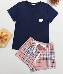 billige -kvinners pyjamassett hjerterutenett / rutete mote komfort hjem daglig seng pustende rund hals kortermet t-skjorte shorts elastisk midje sommer vår hjemmeantrekk