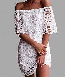 economico -Per donna Vestito bianco Mini abito Di pizzo Schiena scoperta con manica Feste Appuntamento Elegante Senza spalline Mezza manica Bianco Colore