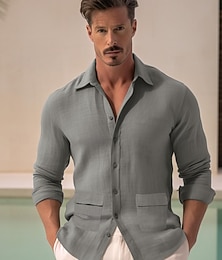 お買い得  -リネン100％ ポケット 男性用 リネンシャツ シャツ ボタンアップシャツ ビーチシャツ ブラック グリーン 長袖 平織り ラペル 春 & 秋 アウトドア 日常 衣類