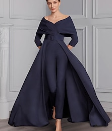 cheap -Two Piece Jumpsuit / Pantsuit Mother of the Bride Dress Formal Wedding Guest Elegant Party Scoop Neck Off Shoulder Ankle Length Satin 3/4 Length Sleeve with Sash / Ribbon 2024