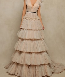 preiswerte -A-Linie Abschlussballkleider Elegantes Kleid Abschlussball Bodenlänglich Ärmellos V-Ausschnitt Tüll V-Rücken mit Rüschen Maskeradenkleid 2025