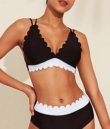 economico -Set bikini a triangolo con palangari e bordo a petalo in bianco e nero