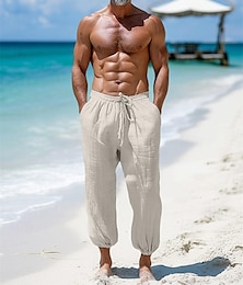 economico -100% lino Per uomo Pantaloni di lino Pantaloni Pantaloni estivi A cordoncino Vita elastica Polsino elastico Liscio Traspirante Comodo Giornaliero Da mare Per uscire Classico Informale Nero Blu marino