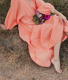 cheap -Women's Casual Dress Cotton Summer Dress Maxi Dress Cotton Linen Ruched Basic Daily V Neck Long Sleeve Summer Spring Pink Orange Plain