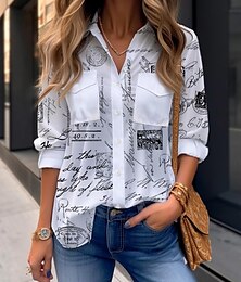 billige -Dame Skjorte Bluse Grafisk Geometrisk Afslappet Knap Trykt mønster Hvid Langærmet Daglig Basale Krave Efterår vinter