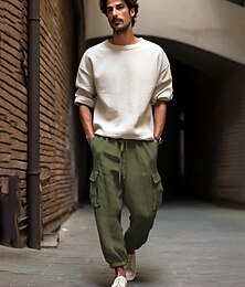 economico -40% Lino Per uomo Pantaloni di lino Pantaloni Pantaloni estivi Tasche A cordoncino Vita elastica Liscio Traspirante Comodo Giornaliero Da mare Per uscire Classico Informale Nero Bianco