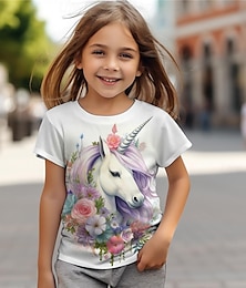 billiga -Flickor 3D Enhörnings T-shirt Skjortor Rosa Kortärmad 3D-tryck Sommar Aktiv Mode söt stil Polyester Barn 3-12 år Rund hals Utomhus Ledigt Dagligen Normal