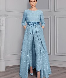 abordables -Combinaison  Ensemble de pantalon 3 Pièces Mère de la mariée Invité de mariage formel Élégant Éclat et brillance Encolure dégagée Longueur cheville Satin Manches 3/4 avec nœud(s)