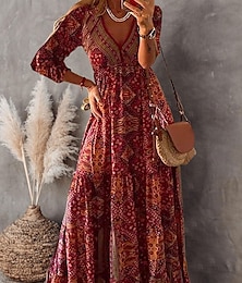 baratos -vestido feminino linha maxi vestido longo vermelho manga 3/4 estampa verão primavera outono decote v casual 2023 3xl