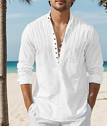 economico -Per uomo Camicia Camicia popover Maglietta informale Nero Bianco Azzurro Manica lunga Liscio A fascia Giornaliero Da mare Collage Abbigliamento Di tendenza Informale Comodo