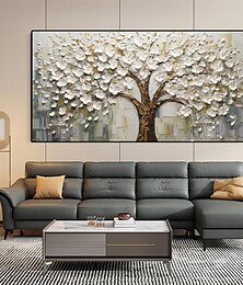 baratos -Pintura a óleo de árvore de flor branca 3d pintada à mão árvore de torre em tela faca pintura de flores pintada à mão pintura a óleo texturizada arte minimalista para decoração de sala de estar