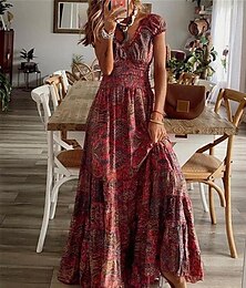 Χαμηλού Κόστους -Γυναικεία Καθημερινό φόρεμα Φλοράλ Λαχούρι Στάμπα Λαιμόκοψη V Μακρύ Φόρεμα Μάξι Φόρεμα Βοημία Etnic Διακοπές Κοντομάνικο Καλοκαίρι
