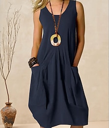 Χαμηλού Κόστους -Γυναικεία Καθημερινό φόρεμα Βαμβακερό καλοκαιρινό φόρεμα Μίντι φόρεμα Λινό Τσέπη Βασικό Κλασσικό Καθημερινά Λαιμόκοψη U Αμάνικο Καλοκαίρι Άνοιξη Πράσινο παραλλαγής Βαθυγάλαζο Μονόχρωμες