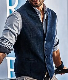 abordables -Hombre Chaleco Boda Negocio Diario Negocios Casual Primavera Otoño Bolsillo Poliéster Transpirable Plano Botonadura Simple Escote en Pico Ajuste regular Azul Marino Chaleco