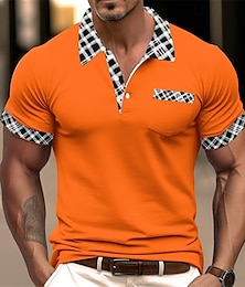 cheap -Men's Polo Shirt Golf Shirt Casual Holiday Lapel Short Sleeve Fashion Basic Houndstooth Plaid / Check Patchwork Pocket Summer Regular Fit White Orange Khaki Polo Shirt