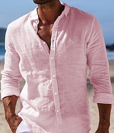 ieftine -Bărbați cămașă de in Cămașă Camașă cu nasturi Cămașă de vară Cămașă de plajă Negru Alb Roz Îmbujorat Manșon Lung Simplu Răsfrânt Primavara vara Casual Zilnic Îmbrăcăminte