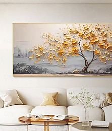 abordables -Pintura al óleo de cerezo pintada a mano sobre lienzo, pintura al óleo de árbol de oro texturizada hecha a mano, arte de pared, pintura abstracta de árbol floreciente para dormitorio, decoración de