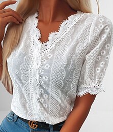economico -Per donna Camicia Blusa Bianco Liscio Pizzo Manica corta Giornaliero Fine settimana Streetwear Informale A V Standard S